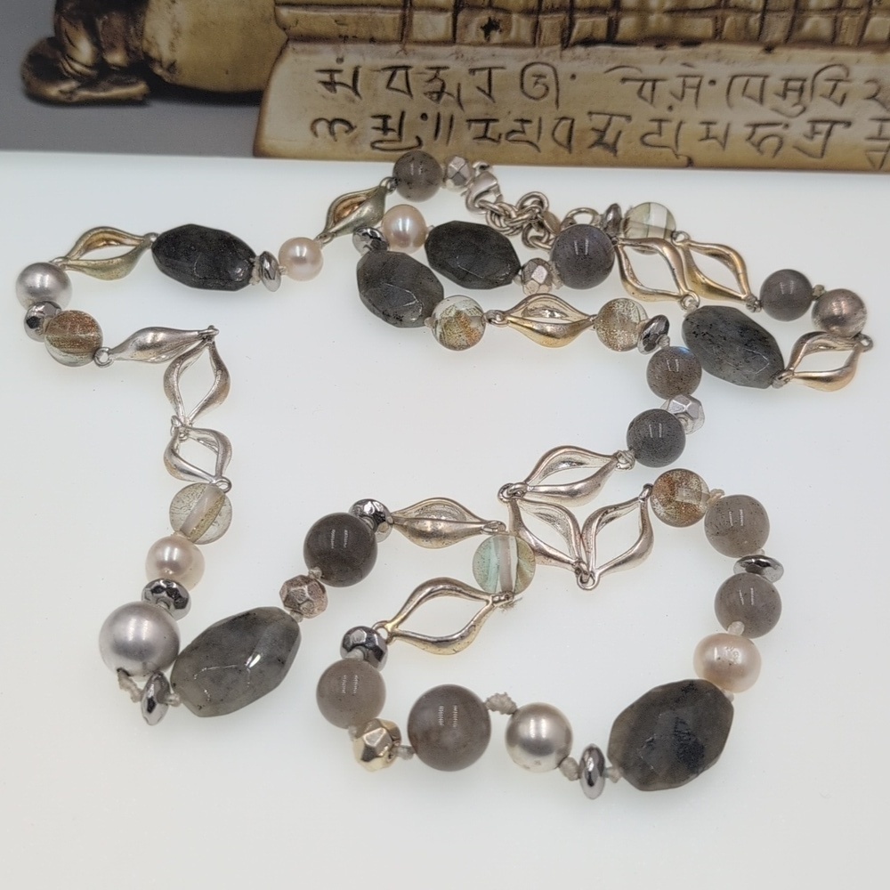 Stella & Dot Stone Metal Beaded Long Necklace Womens Jewelry Natural Muted Tones